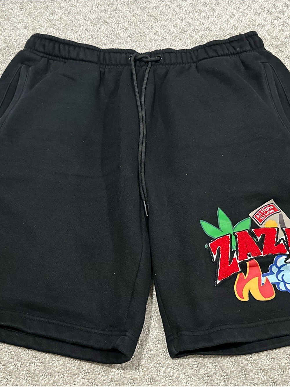 Black Men's Graphic Drawstring Athletic Shorts with Multicolor Patch